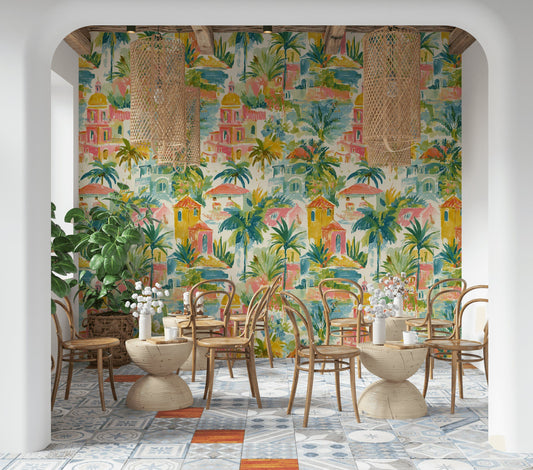 Mediterranean Village Wallpaper Removable Colorful Wall Mural