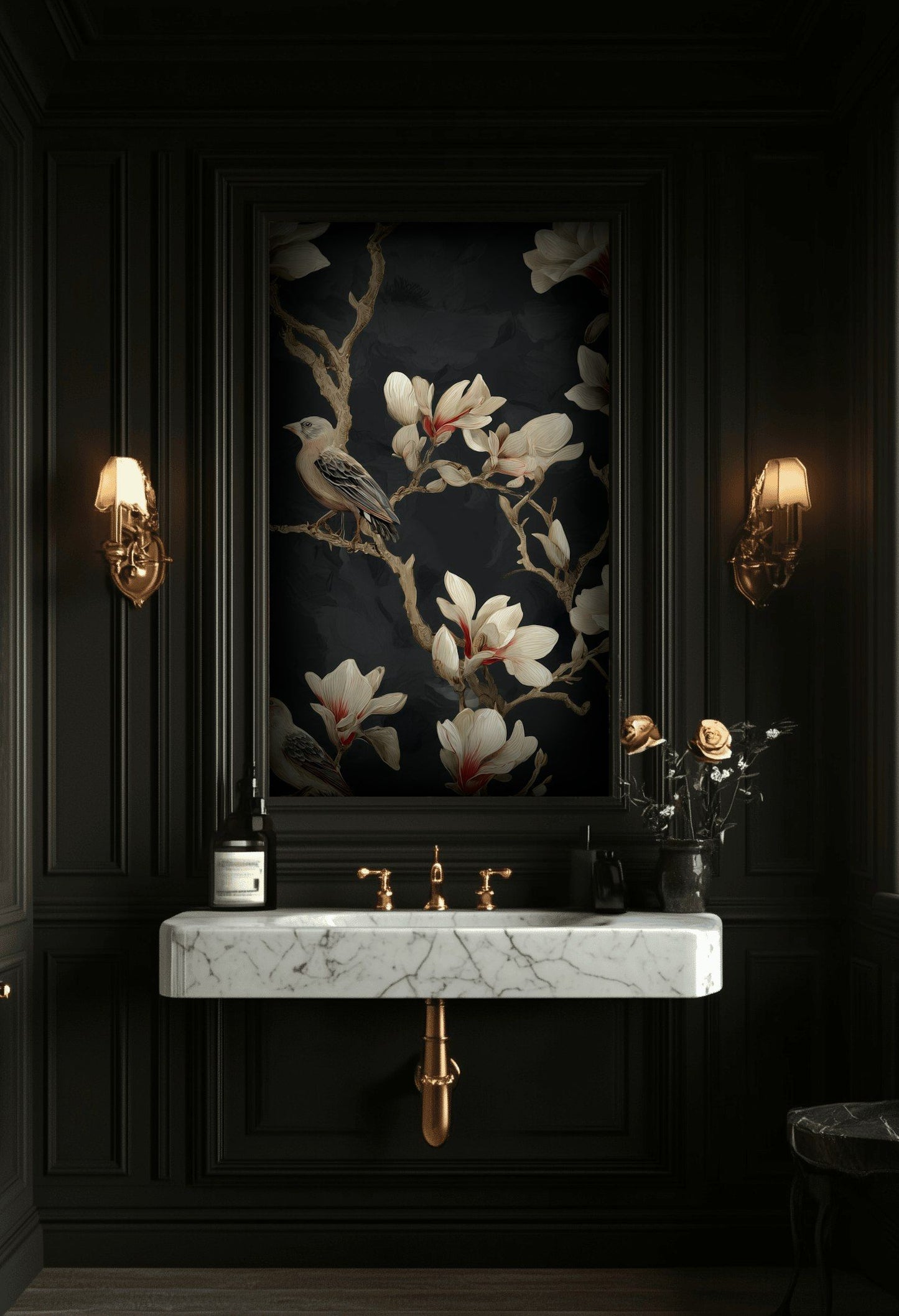 Magnolia Bird Wallpaper Dark Floral Elegant Wall Mural