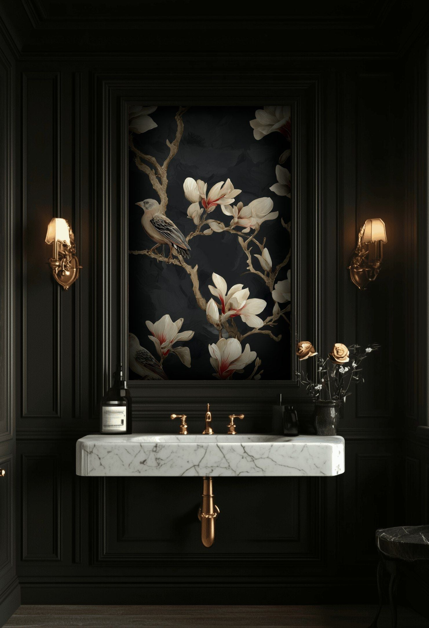 Dark Elegance Magnolia & Bird Wallpaper