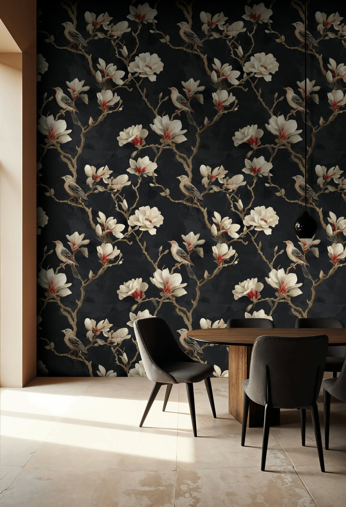 Magnolia Bird Wallpaper Dark Floral Elegant Wall Mural