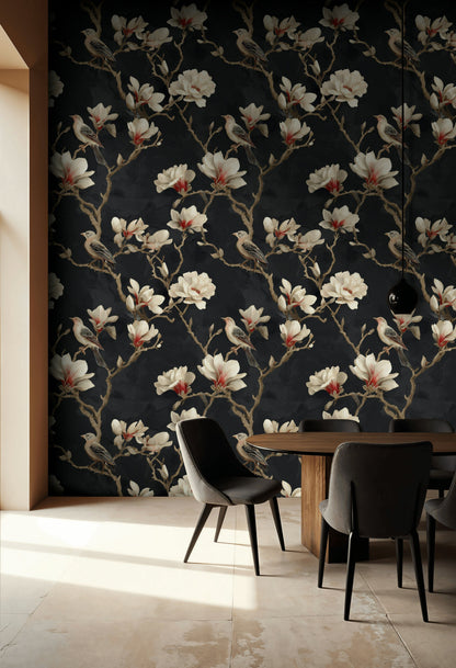 Dark Elegance Magnolia & Bird Wallpaper