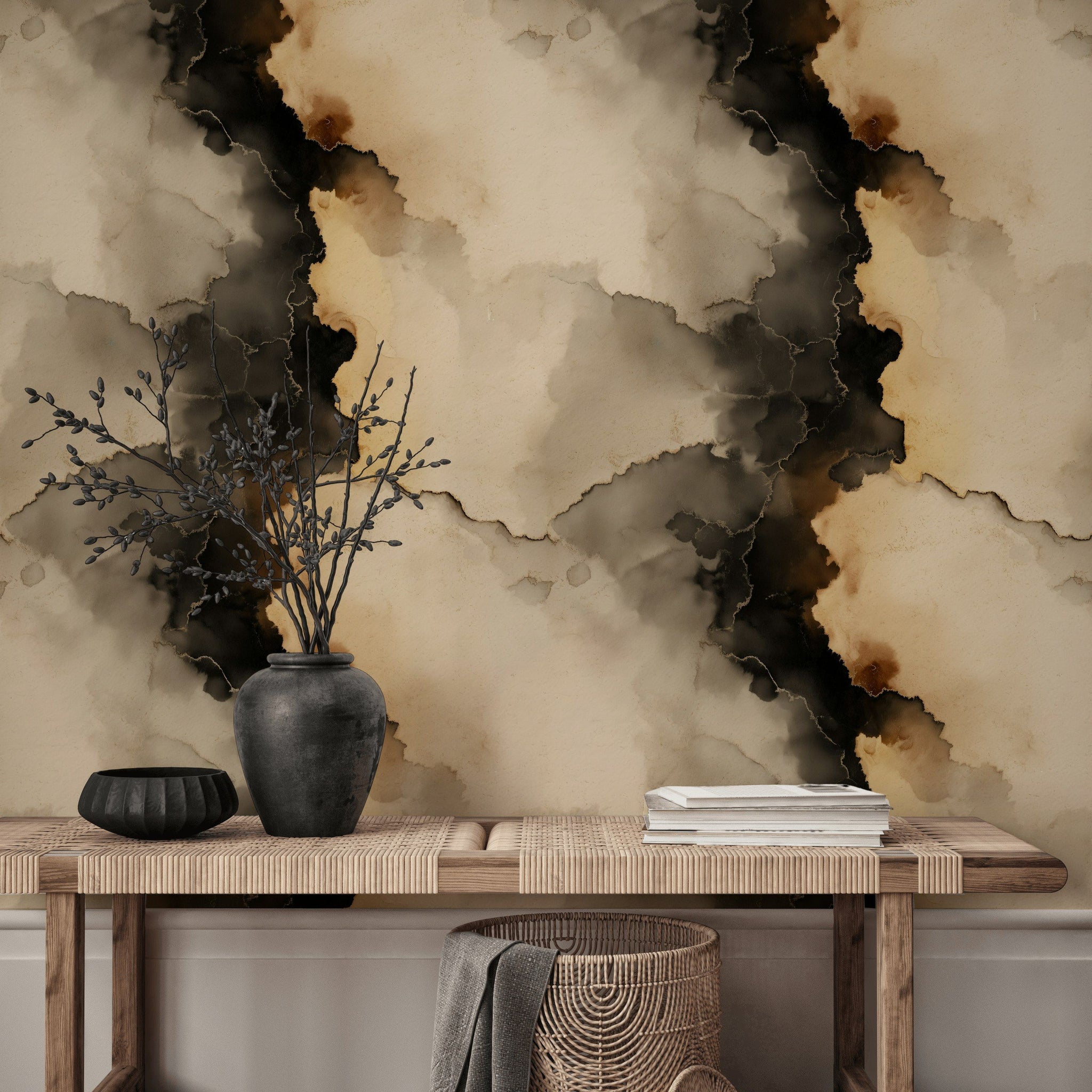 Taupe and Onyx Abstract Ink Wash Wallpaper