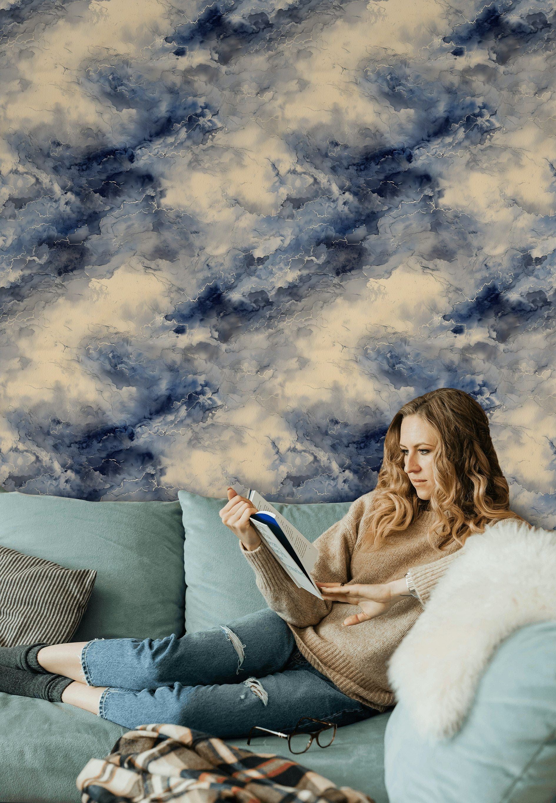 Navy and Beige Cloudy Abstract Wallpaper