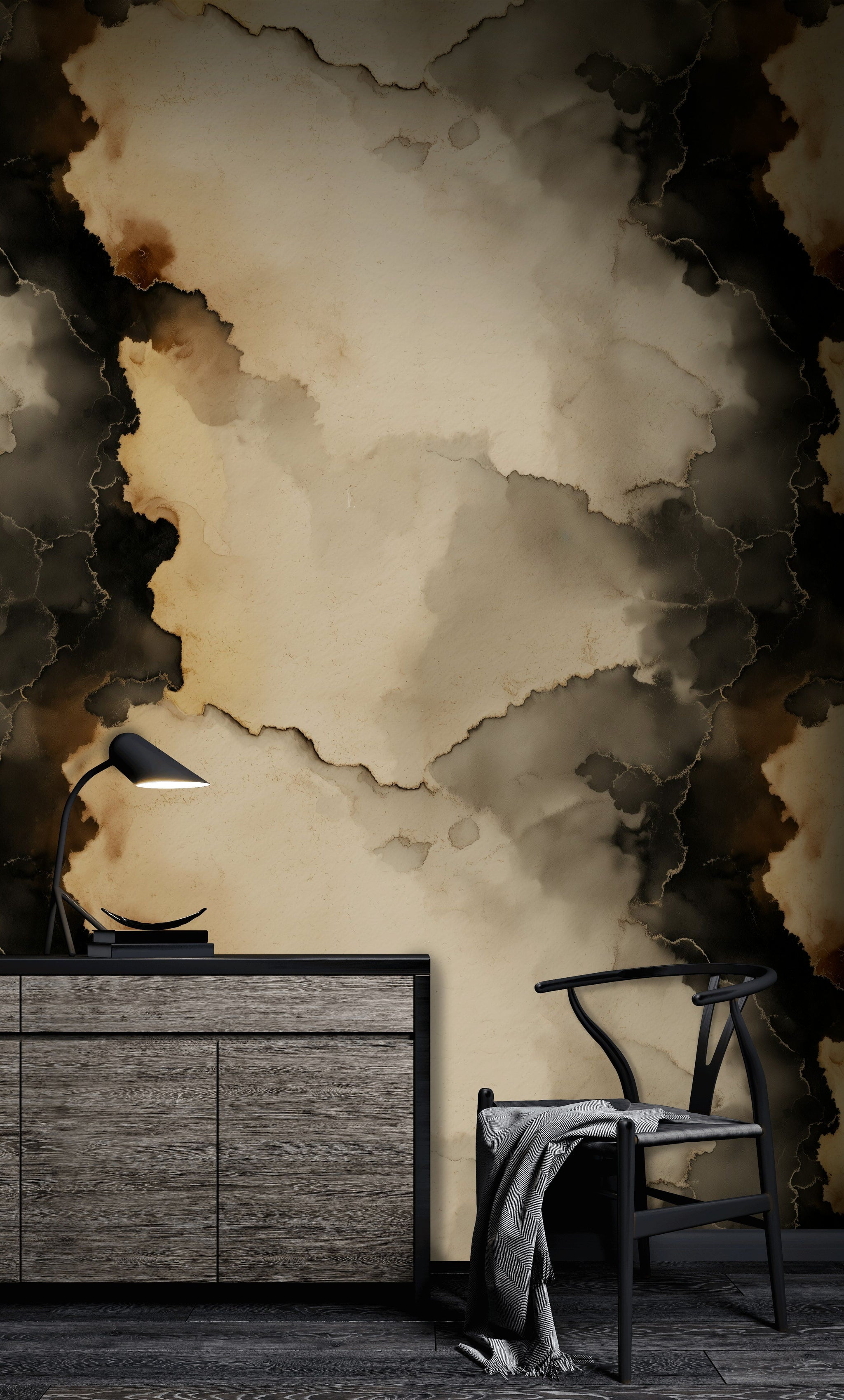 Taupe and Onyx Abstract Ink Wash Wallpaper
