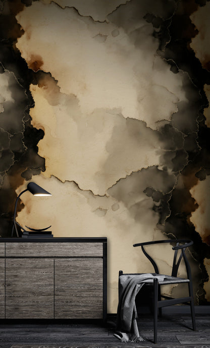 Taupe and Onyx Abstract Ink Wash Wallpaper