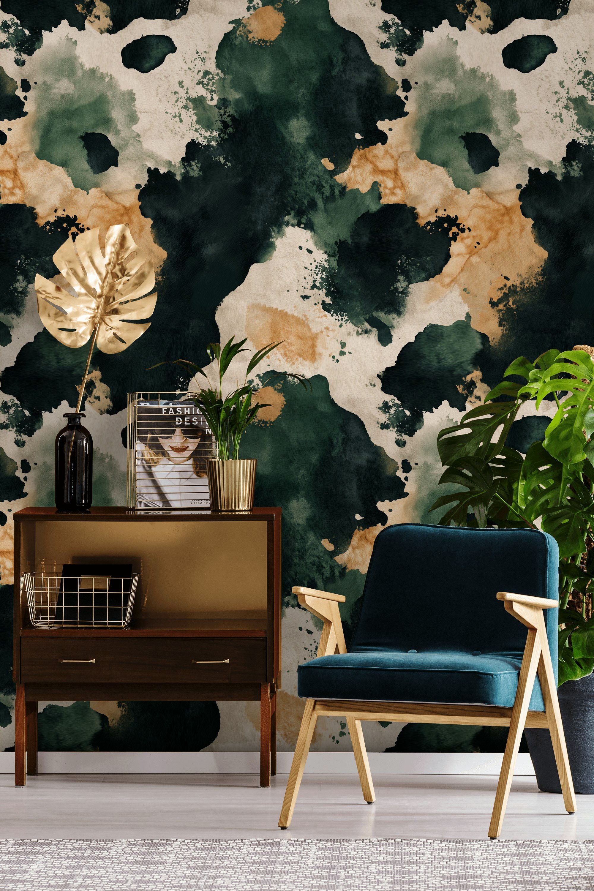 Cream and Green Abstract Watercolor Wallpaper