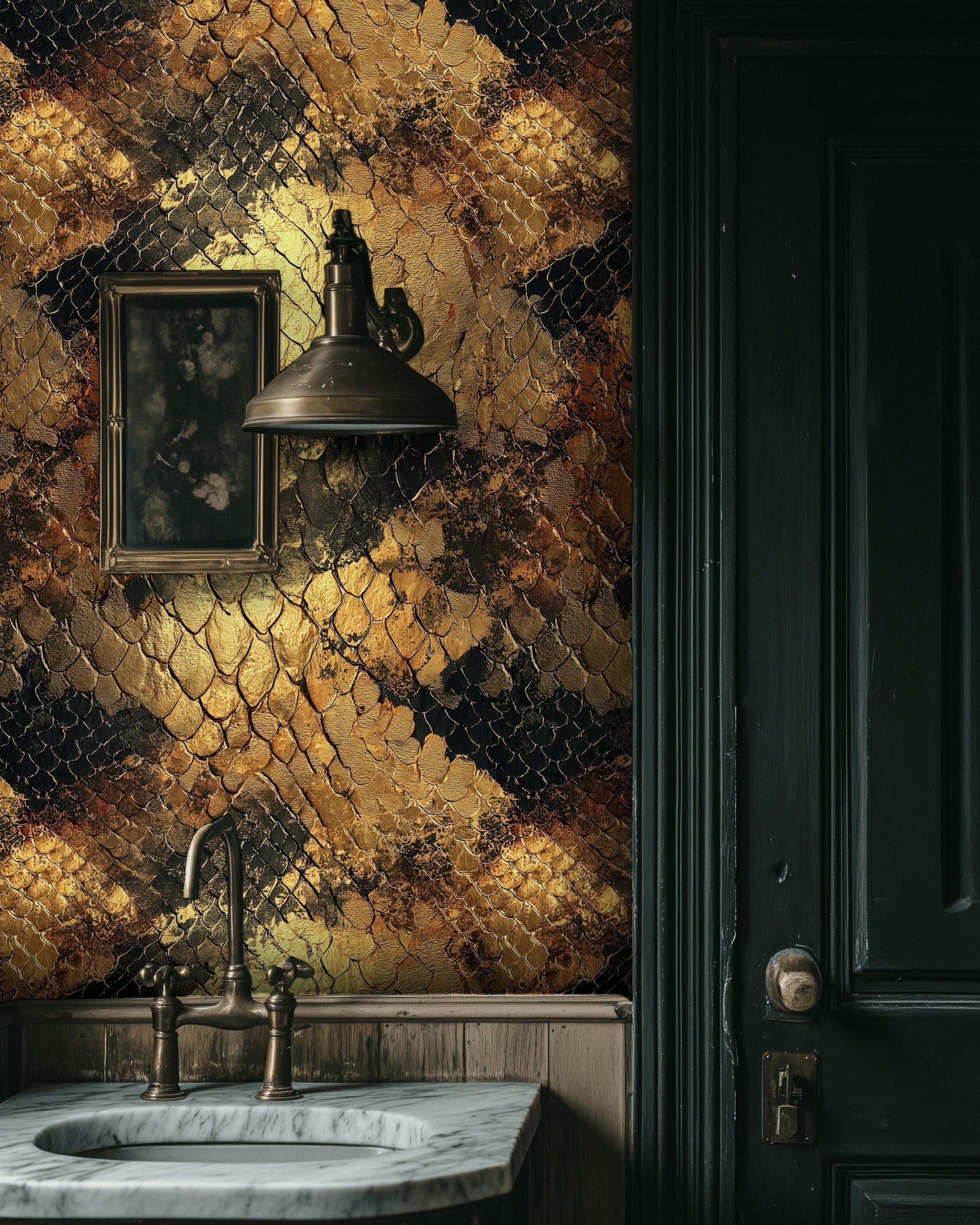 Golden Look Black Snake Skin Abstract Wallpaper
