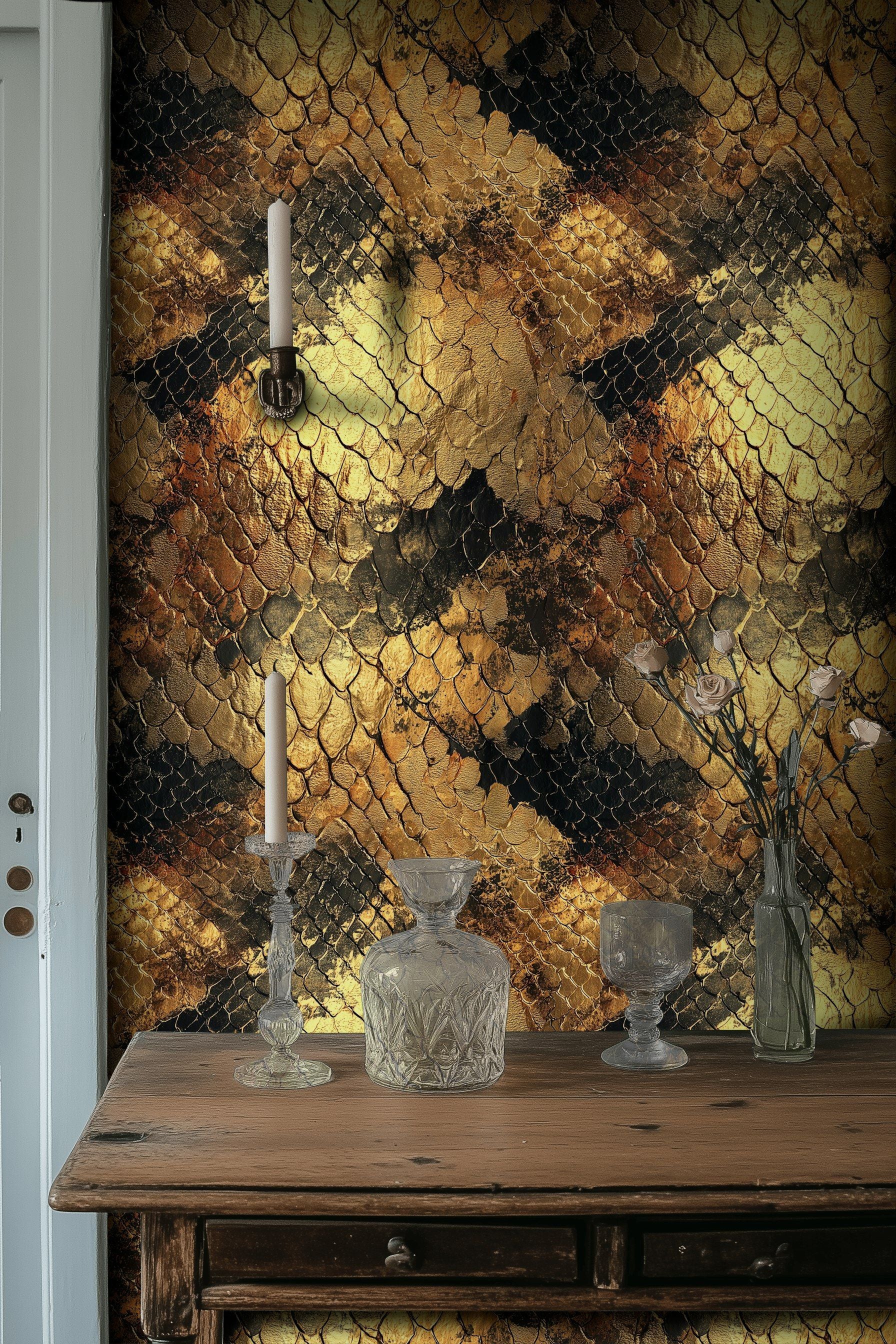 Golden Look Black Snake Skin Abstract Wallpaper