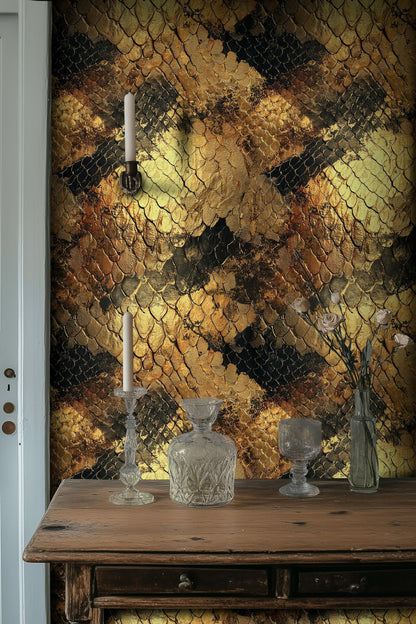 Golden Look Black Snake Skin Abstract Wallpaper