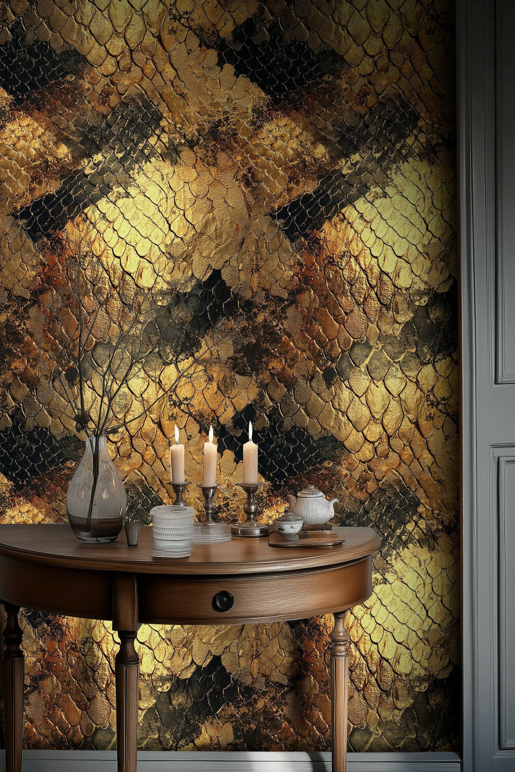 Golden Look Black Snake Skin Abstract Wallpaper