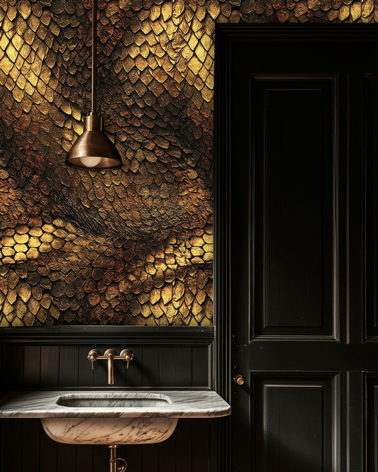 Gold Dragon Wallpaper Metallic Scale Mural Luxe Wall Decor