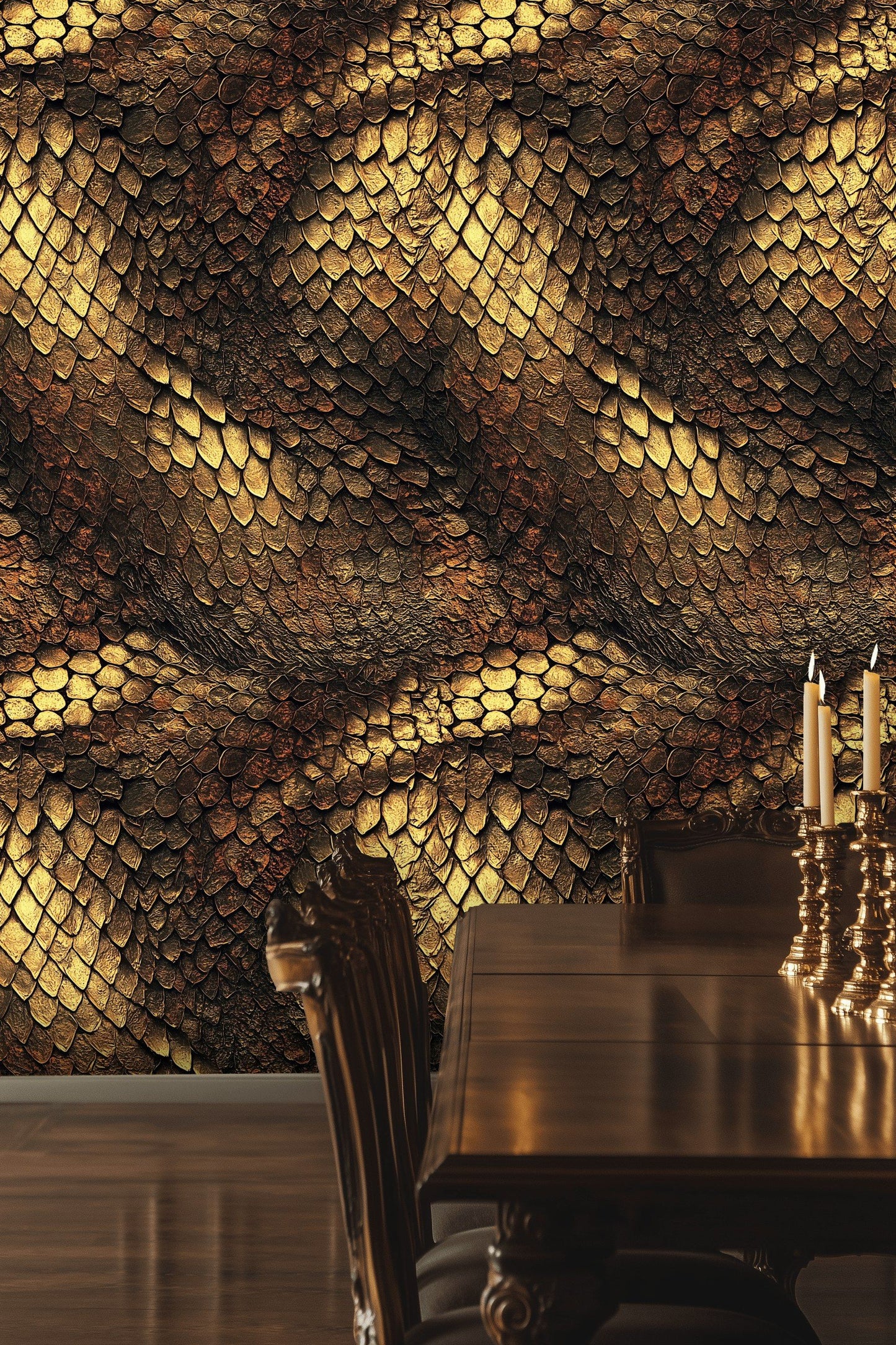 Gold Dragon Wallpaper Metallic Scale Mural Luxe Wall Decor