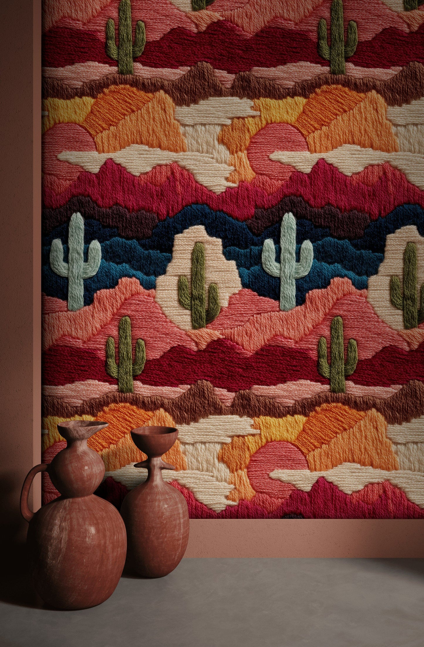 Desert Cactus Wallpaper Embroidered  Colorful Wall Decor