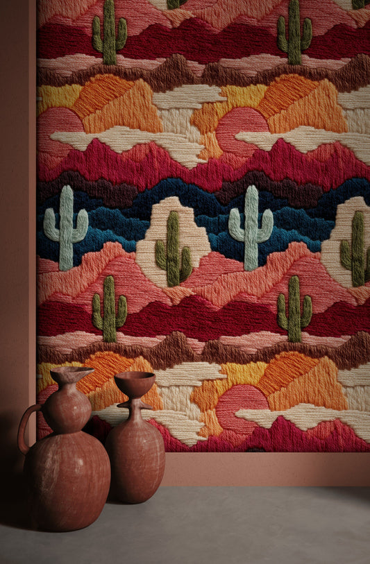 Desert Cactus Wallpaper Embroidered  Colorful Wall Decor
