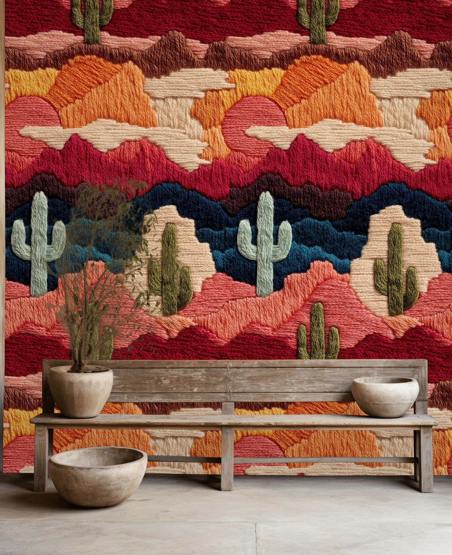 Desert Cactus Wallpaper Embroidered  Colorful Wall Decor