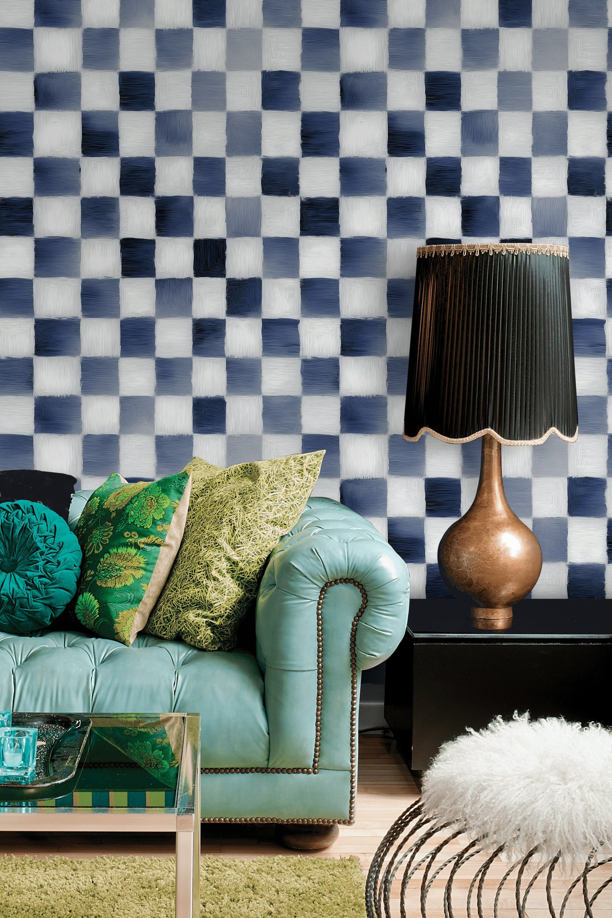 Navy Blue and White Checkered Geometric Wallpaper