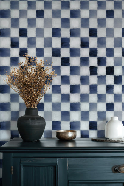 Navy Blue and White Checkered Geometric Wallpaper