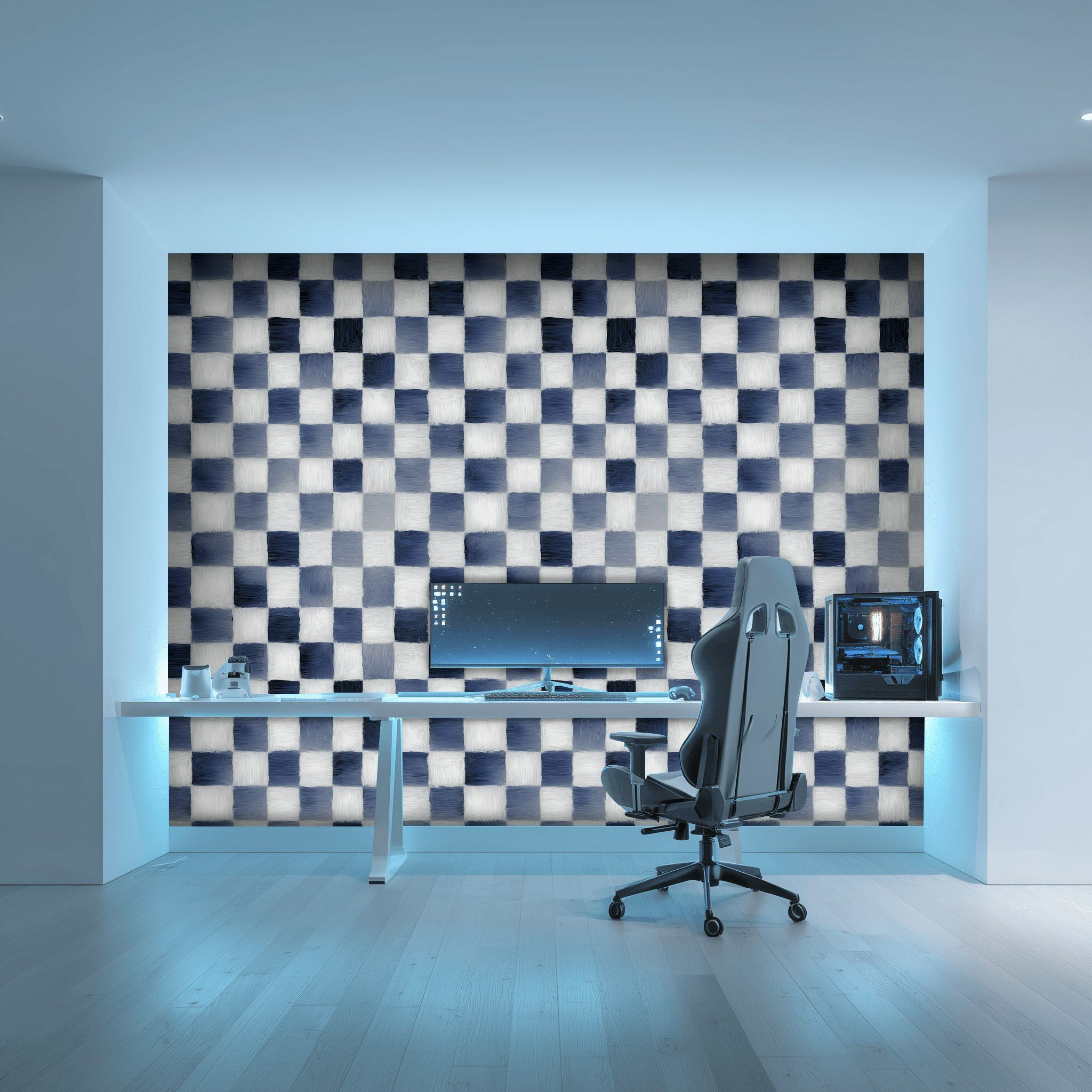 Navy Blue and White Checkered Geometric Wallpaper