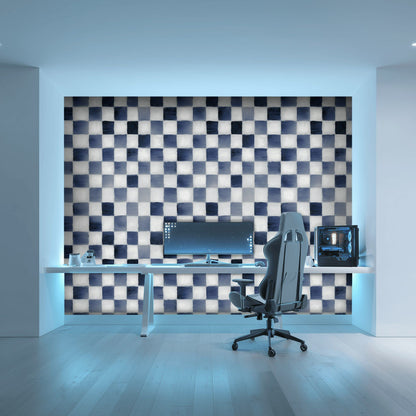 Navy Blue and White Checkered Geometric Wallpaper