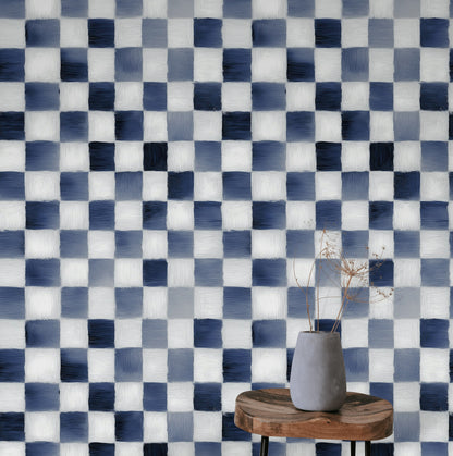 Navy Blue and White Checkered Geometric Wallpaper