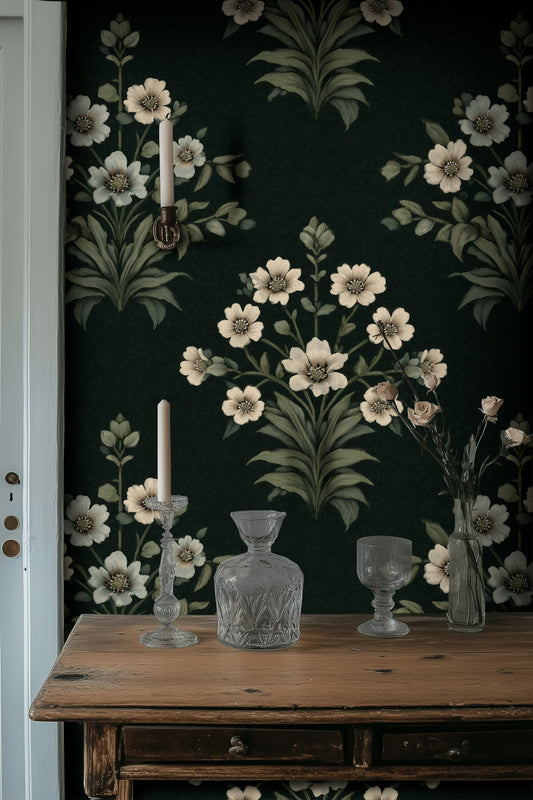 Vintage Floral Wallpaper Black Botanical Decorative Mural