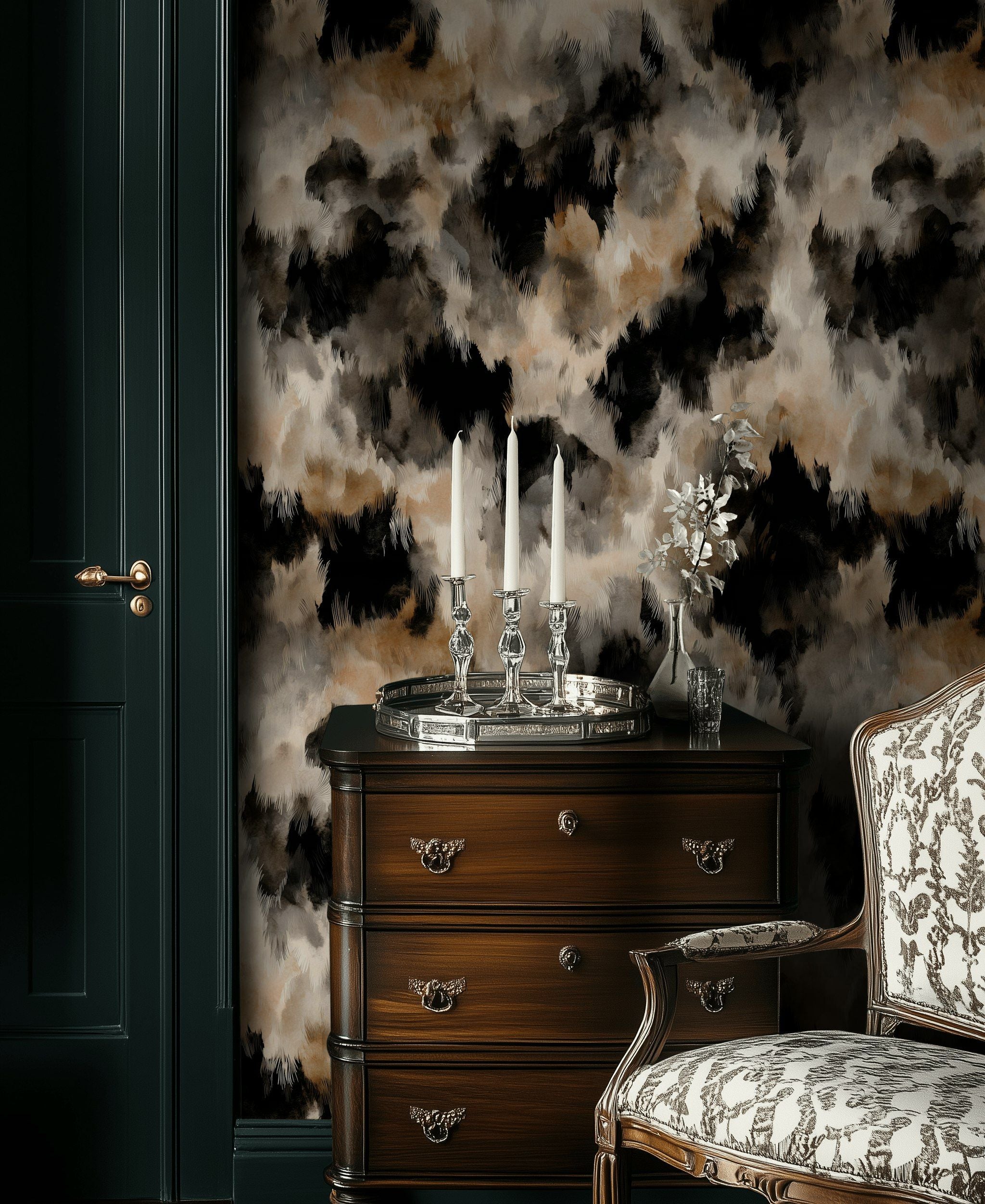 Taupe and Black Abstract Brushstroke Wallpaper