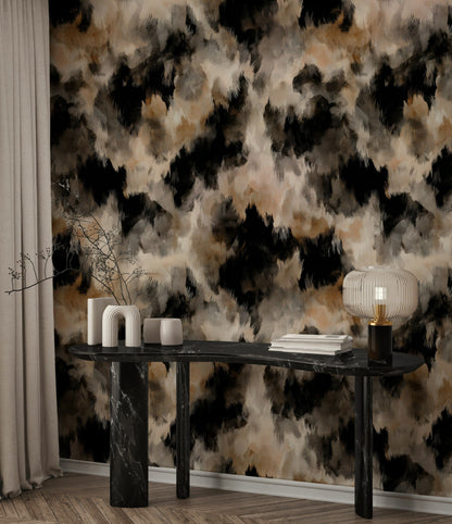 Taupe and Black Abstract Brushstroke Wallpaper
