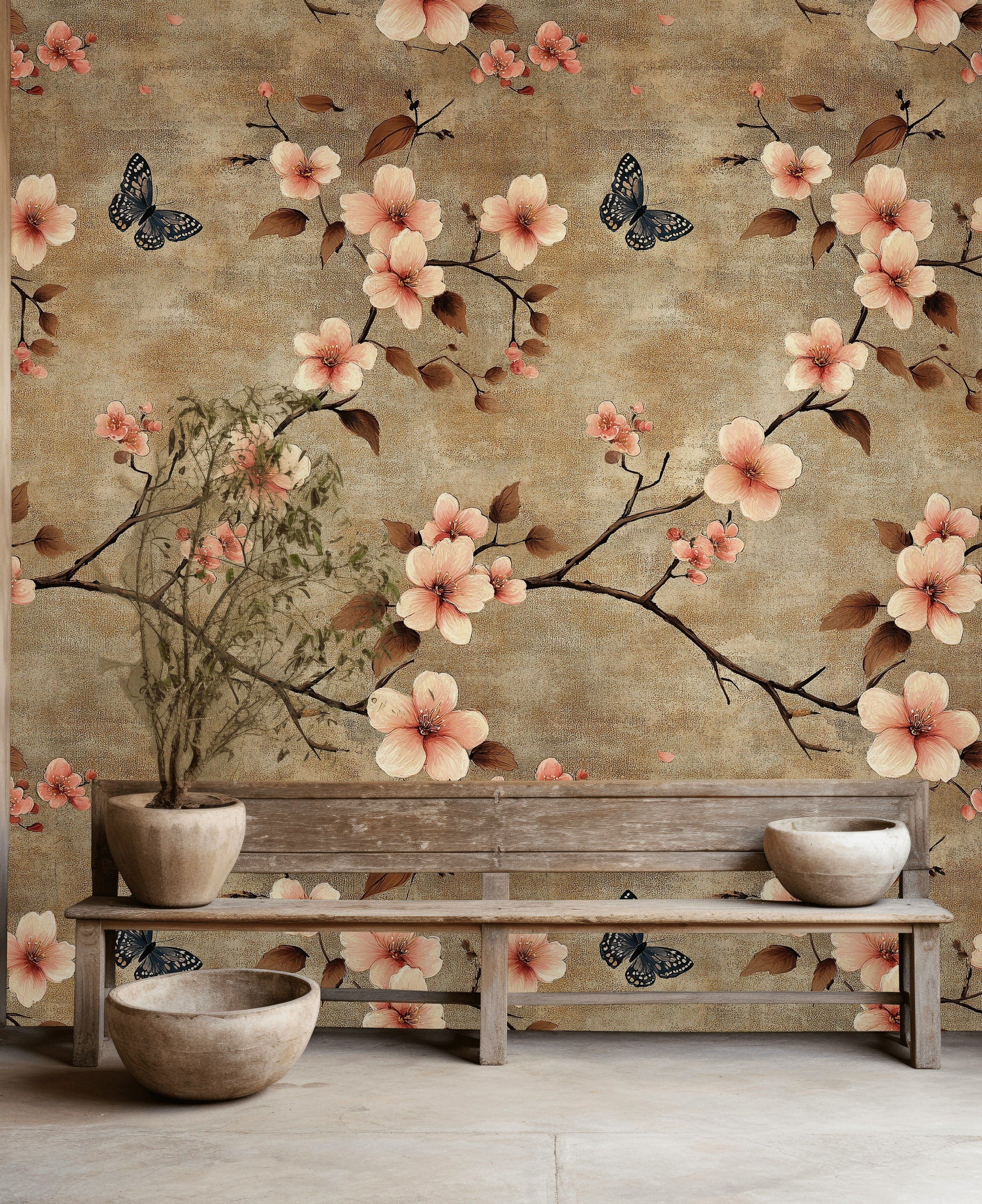 Warm Taupe Cherry Blossom and Butterfly Wallpaper