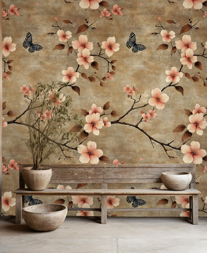 Warm Taupe Cherry Blossom and Butterfly Wallpaper