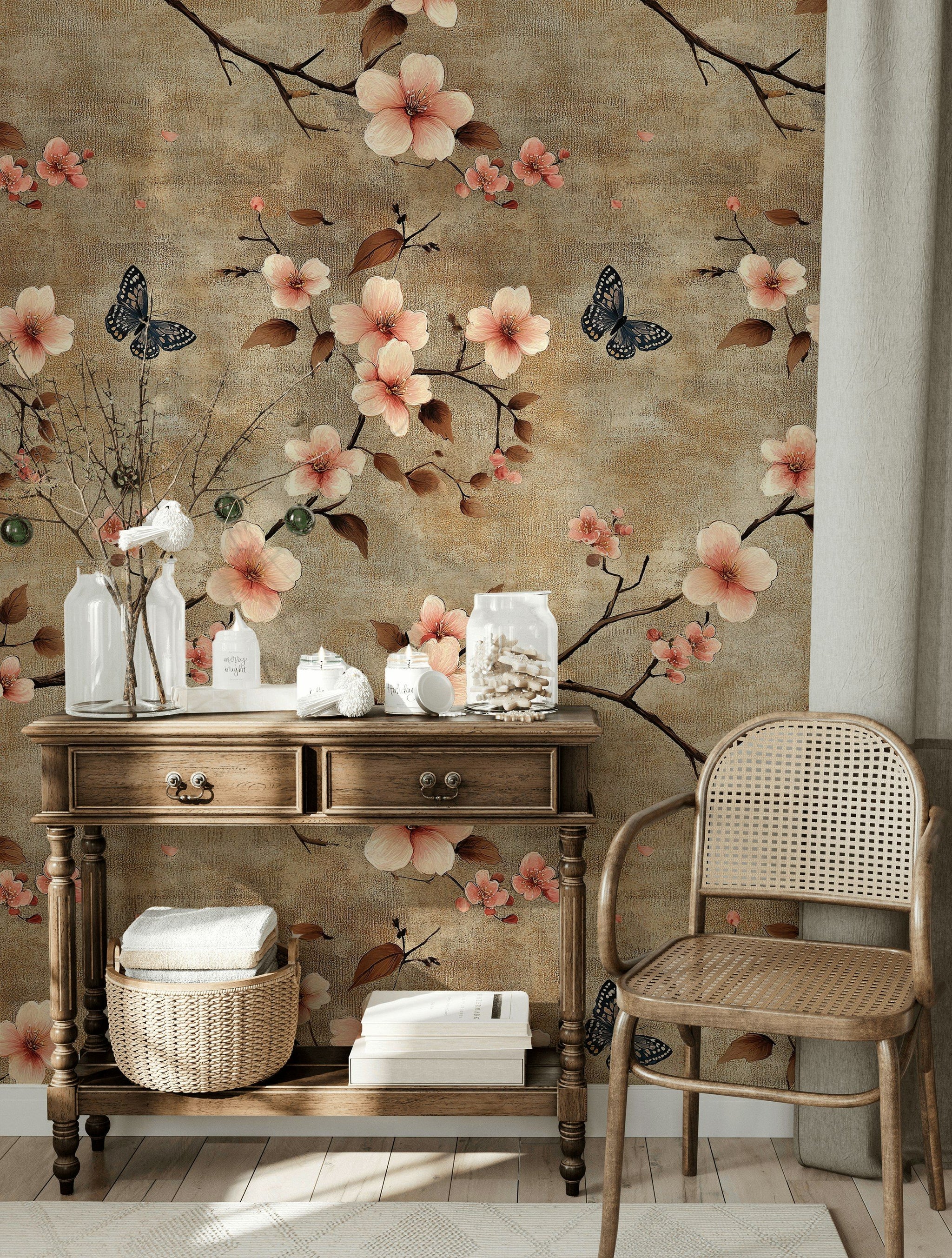 Warm Taupe Cherry Blossom and Butterfly Wallpaper