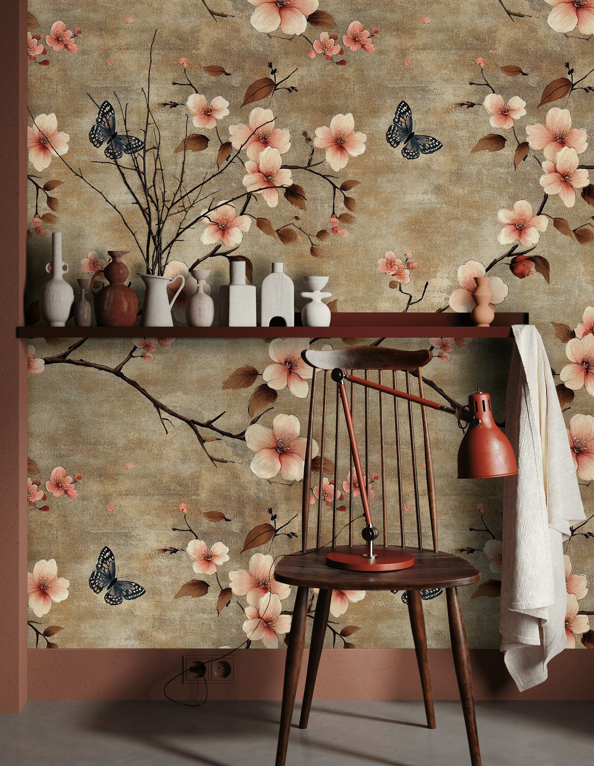 Warm Taupe Cherry Blossom and Butterfly Wallpaper
