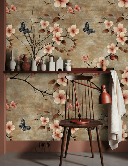 Warm Taupe Cherry Blossom and Butterfly Wallpaper