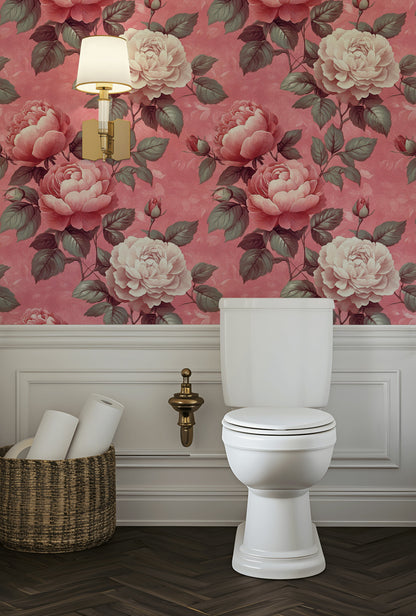 Warm Pink Large Peony Floral Wallpaper