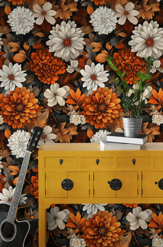 Autumn Floral Wallpaper Burnt Orange Vintage Wall Decor