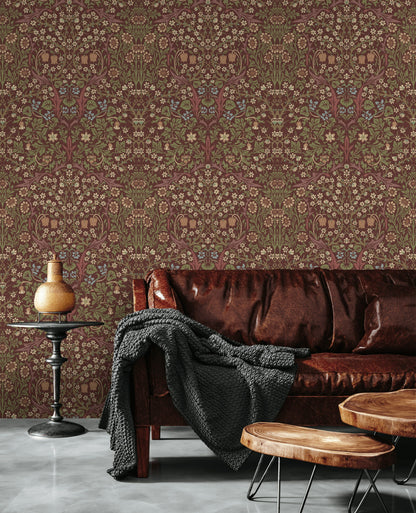 Vintage Floral Wallpaper Burgundy Botanical Pattern Wall Mural