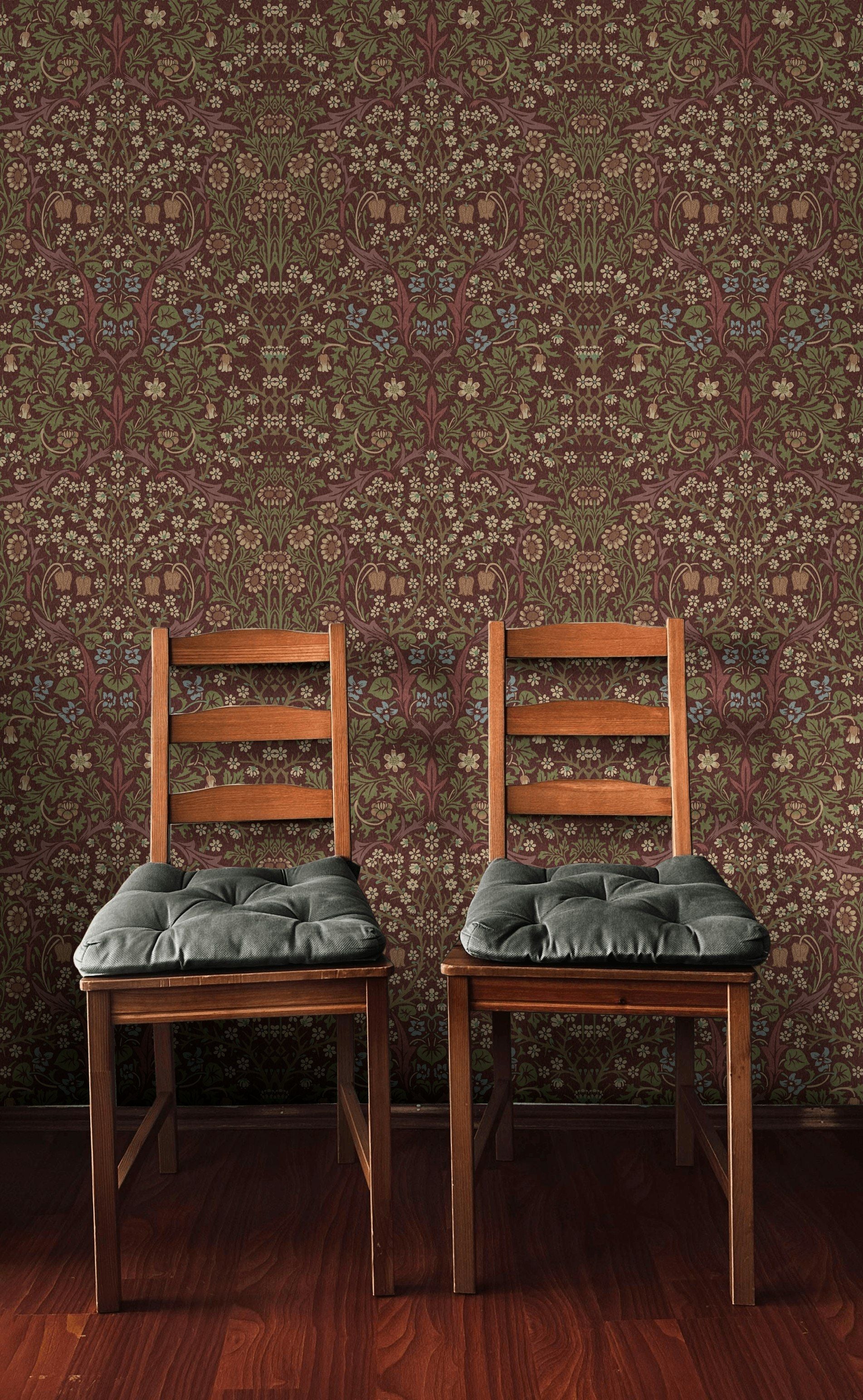 Vintage Floral Wallpaper Burgundy Botanical Pattern Wall Mural