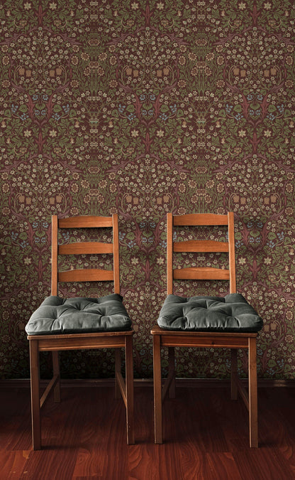 Vintage Floral Wallpaper Burgundy Botanical Pattern Wall Mural