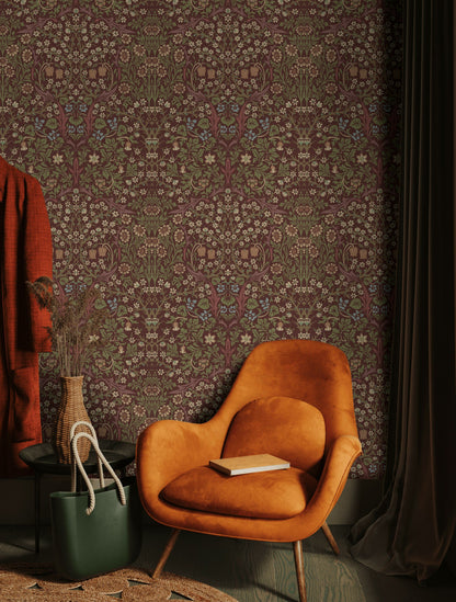 Vintage Floral Wallpaper Burgundy Botanical Pattern Wall Mural