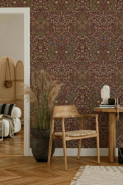 Vintage Floral Wallpaper Burgundy Botanical Pattern Wall Mural