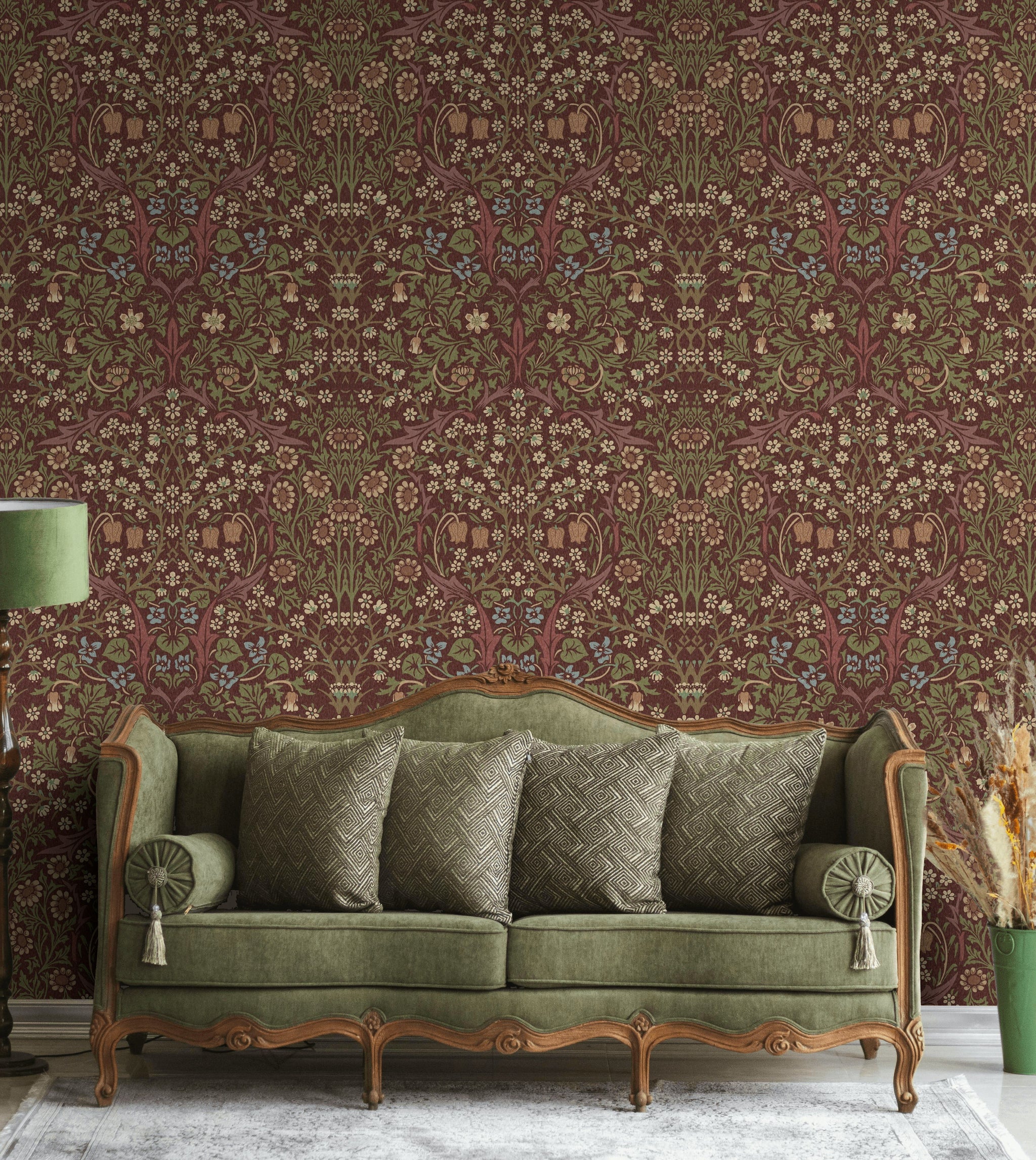 Vintage Floral Wallpaper Burgundy Botanical Pattern Wall Mural