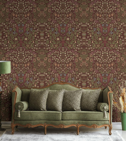 Vintage Floral Wallpaper Burgundy Botanical Pattern Wall Mural