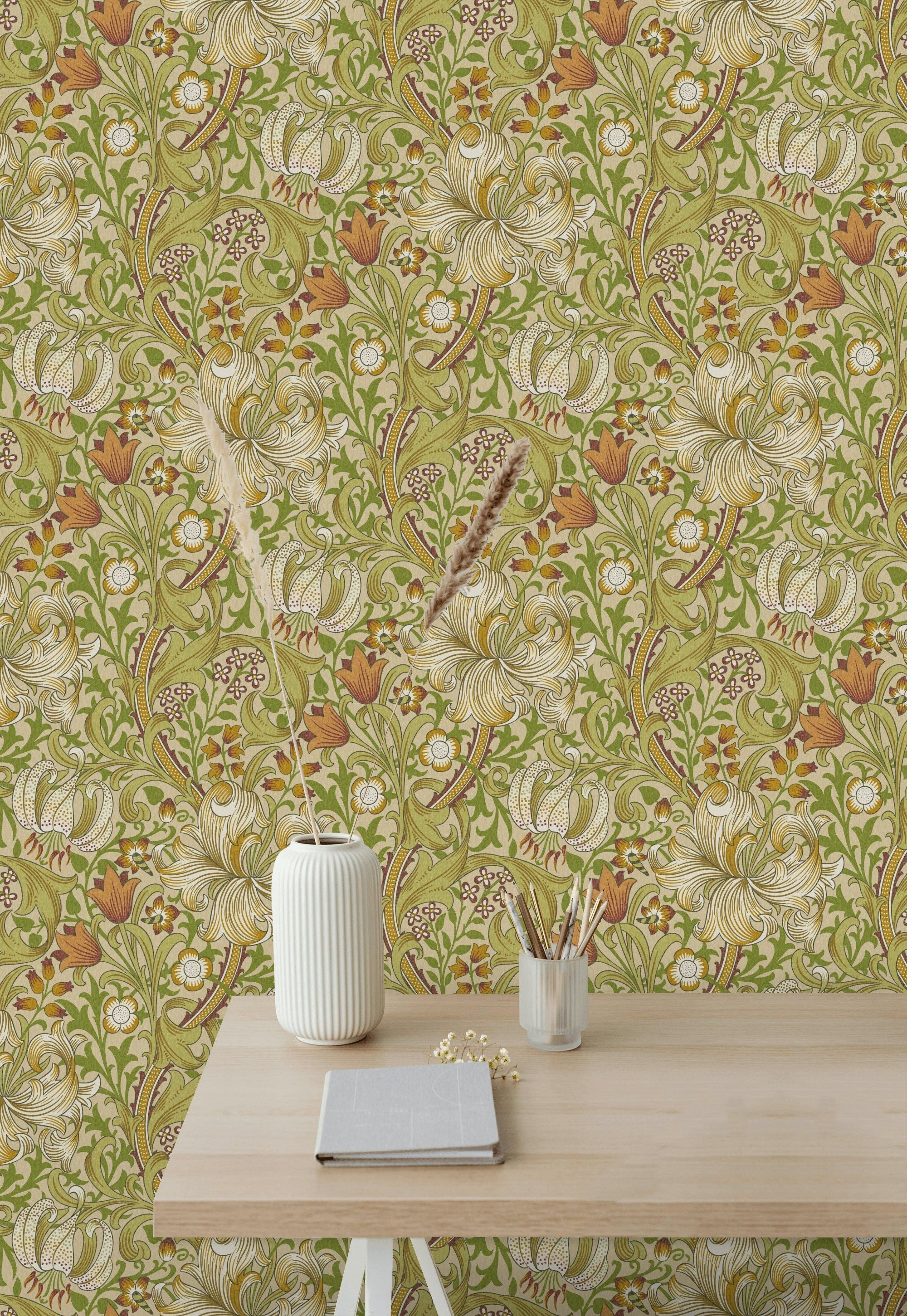 Vintage Floral Wallpaper Green Vine Pattern Wall Mural