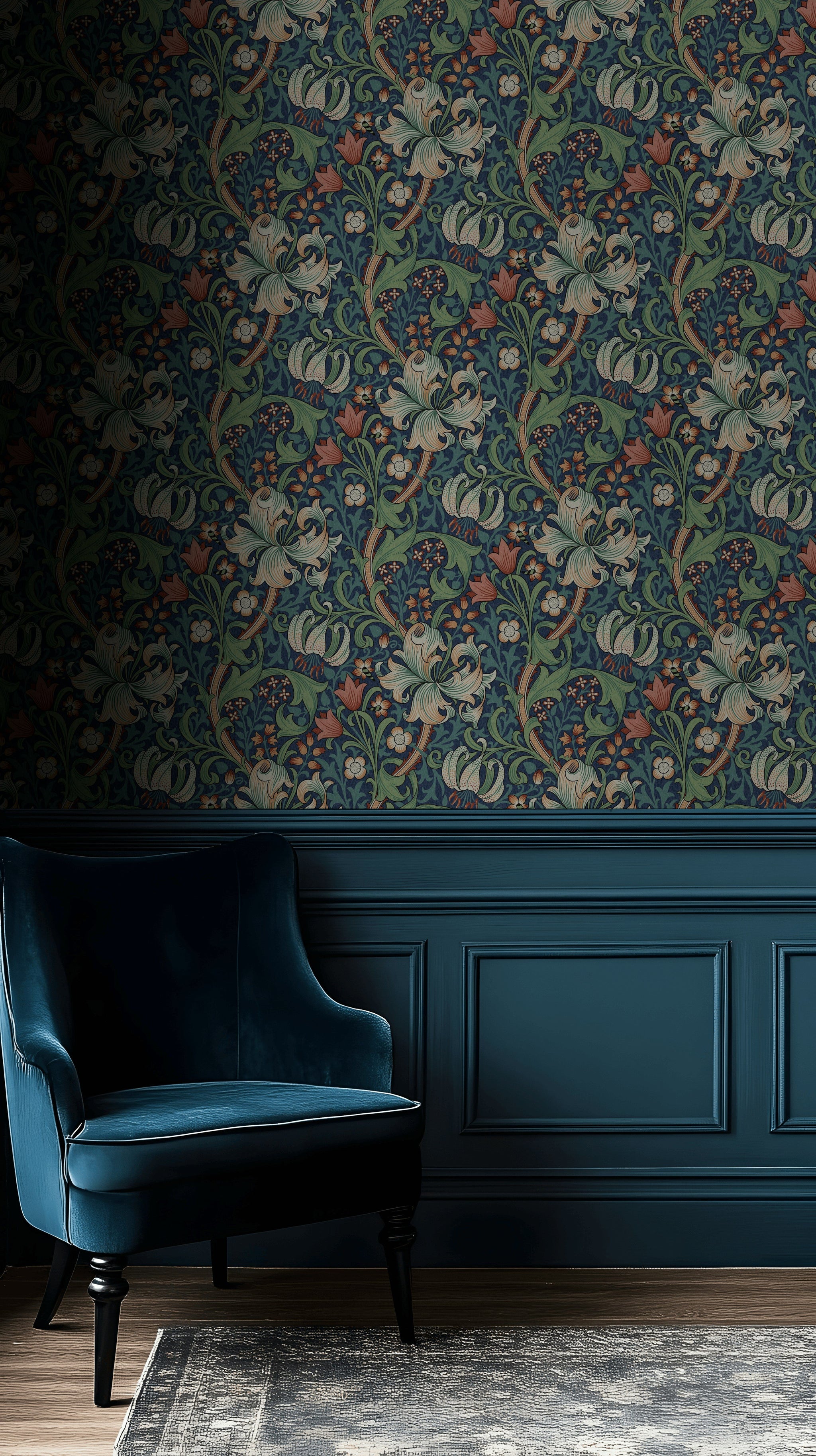 Vintage Floral Wallpaper Dark Blue Botanical Wall Mural