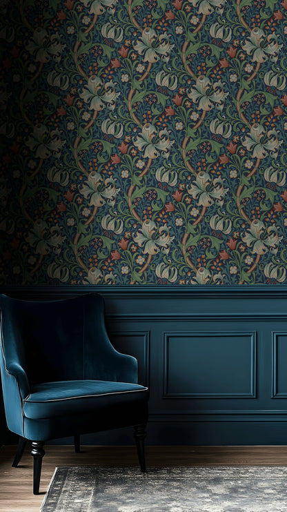 Vintage Floral Wallpaper Dark Blue Botanical Wall Mural