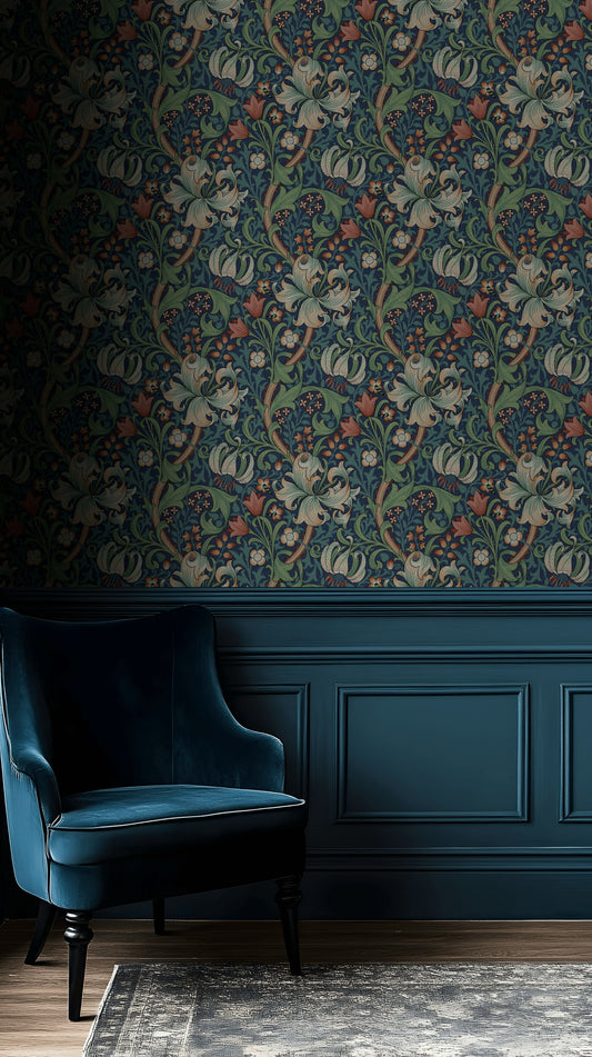 Vintage Floral Wallpaper Dark Blue Botanical Wall Mural