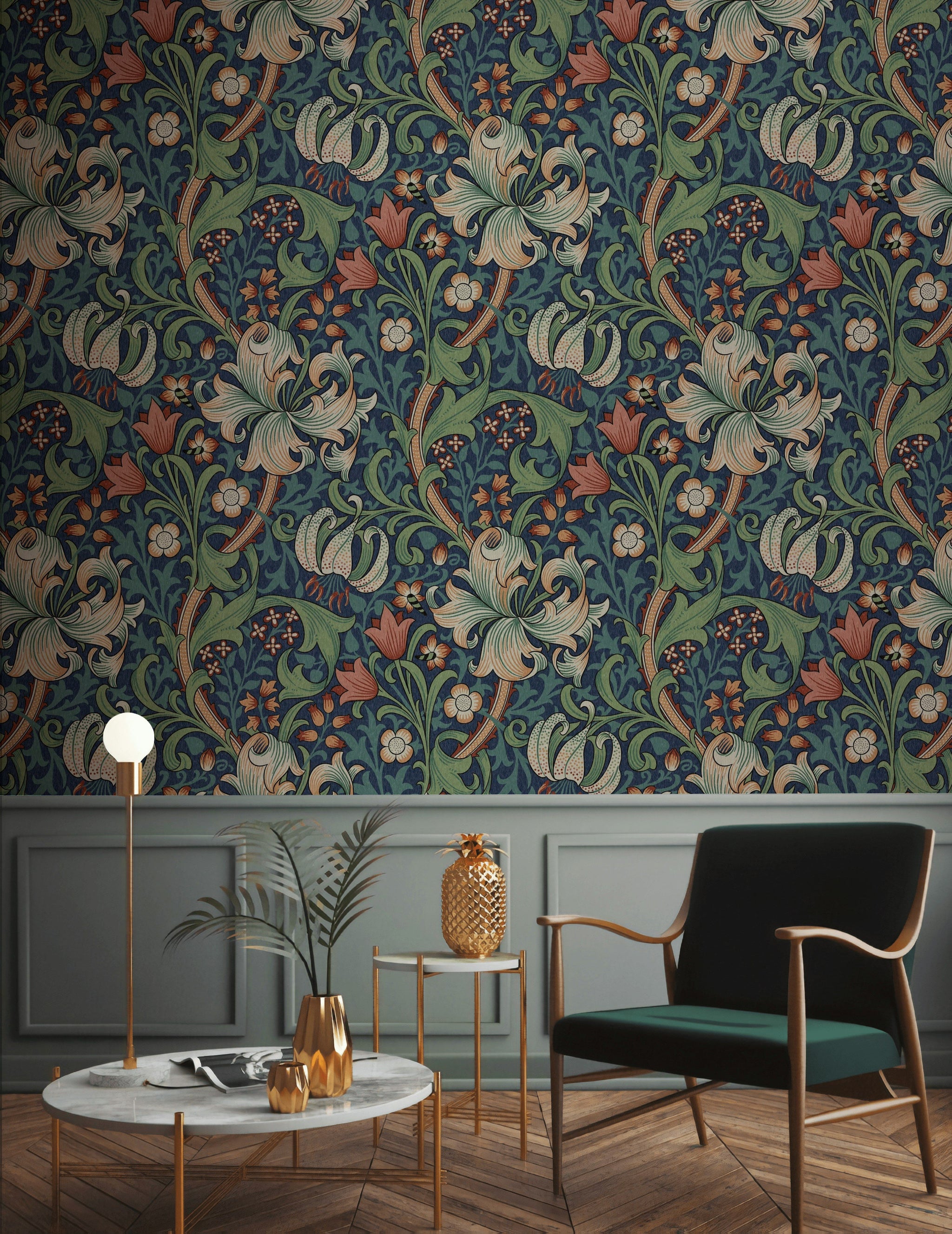 Vintage Floral Wallpaper Dark Blue Botanical Wall Mural