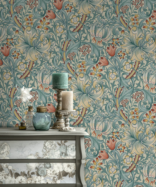 Vintage Floral Wallpaper Teal Scrollwork Pattern Wall Mural