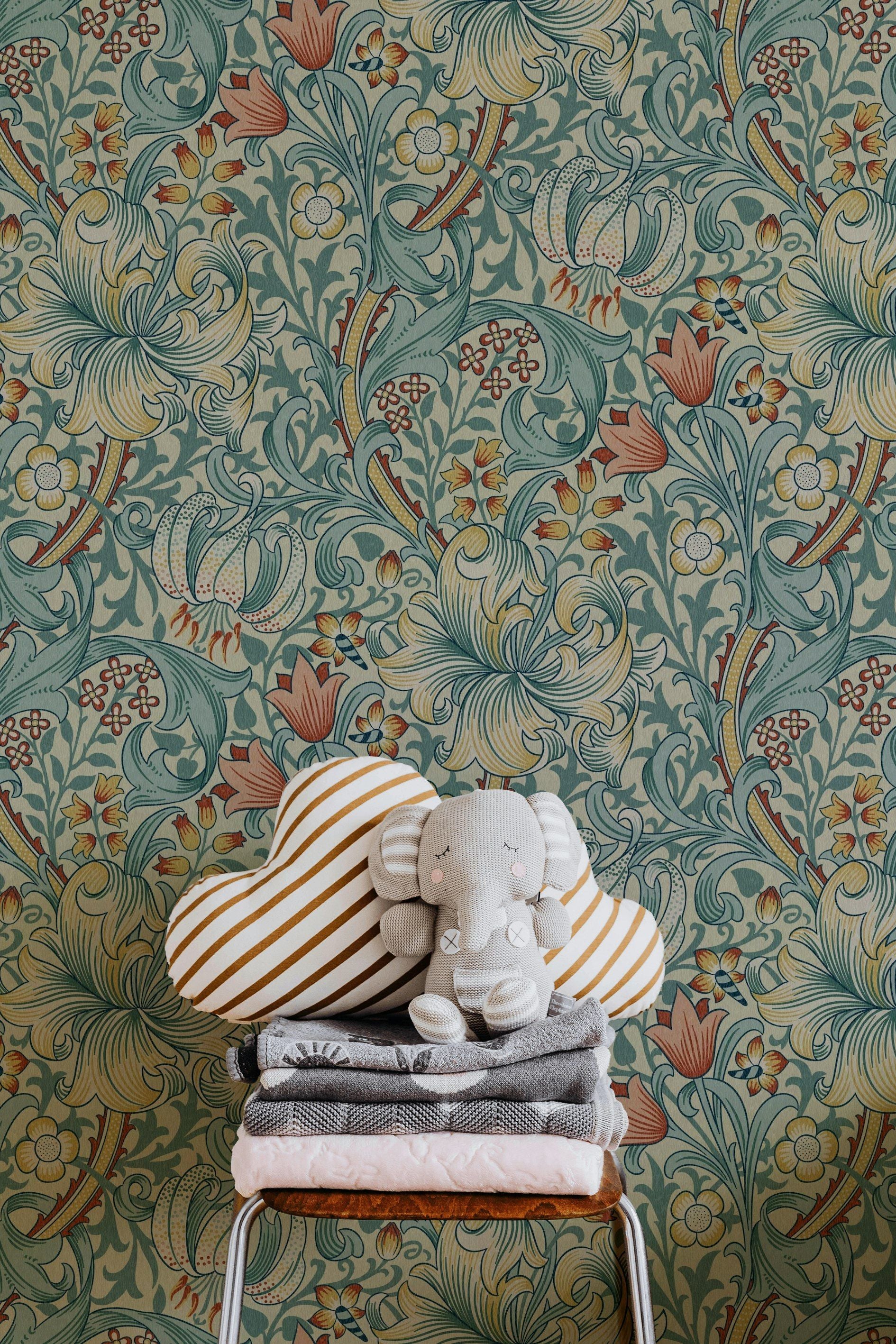 Vintage Floral Wallpaper Teal Scrollwork Pattern Wall Mural