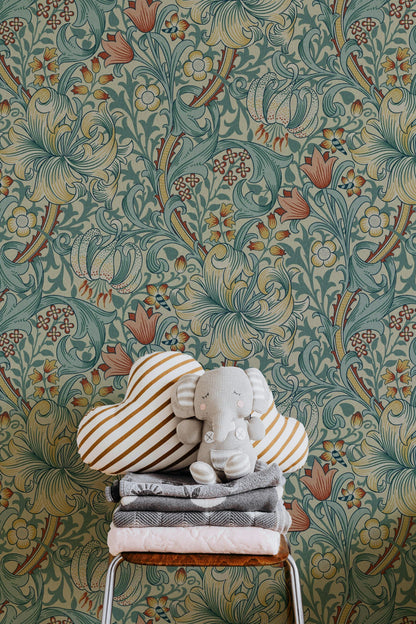 Vintage Floral Wallpaper Teal Scrollwork Pattern Wall Mural