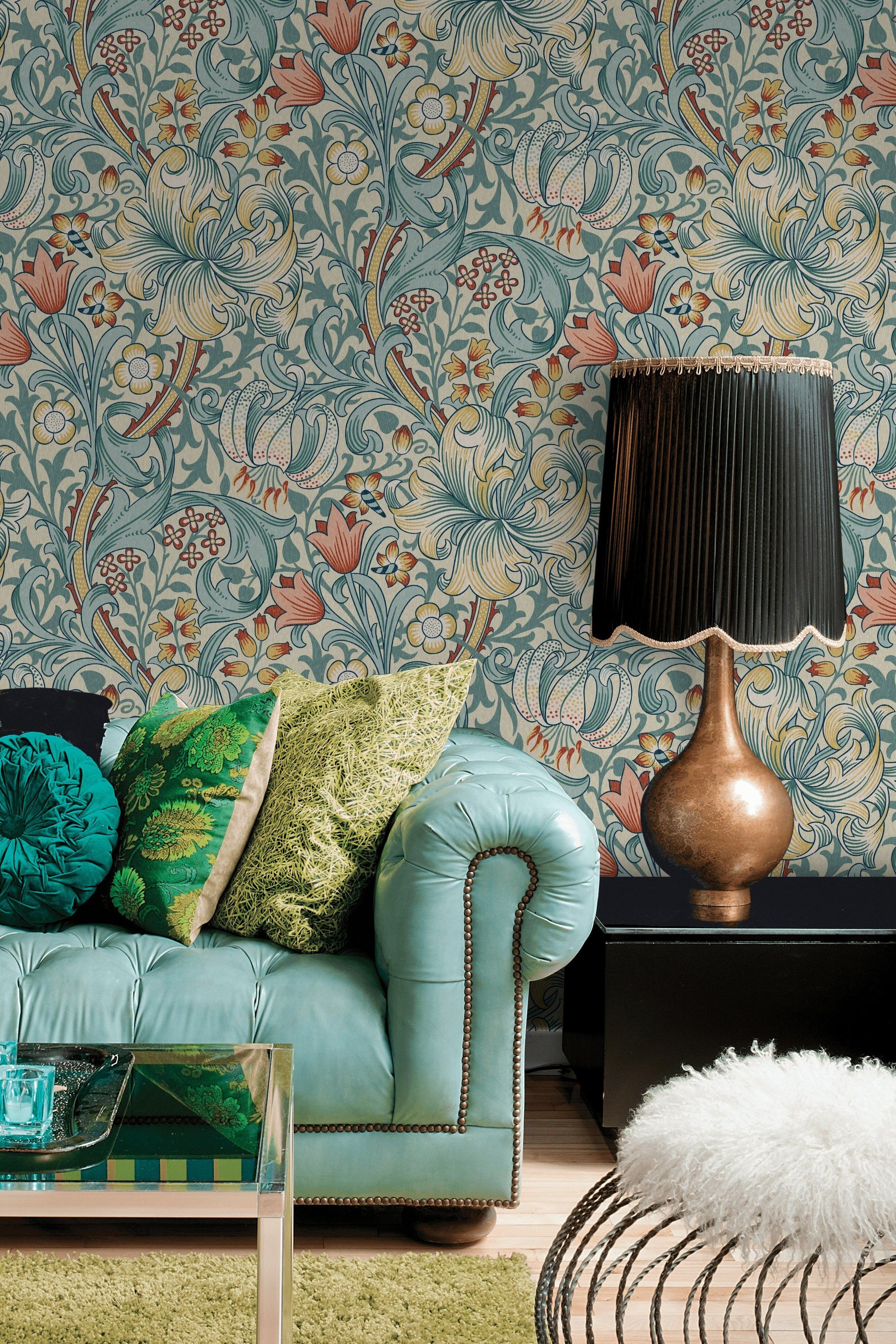 Vintage Floral Wallpaper Teal Scrollwork Pattern Wall Mural